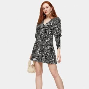 TopShop Volume Puff Sleeve V-Neck Black White Polka Dot Long Sleeve Mini Dress 6